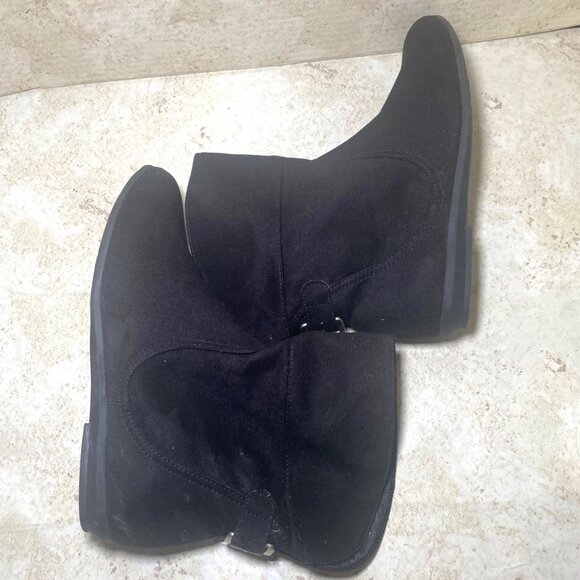 Black Faux Suede Slip On Ankle Boots With Buckle Detail & Rubber Sole - Picture 6 of 7